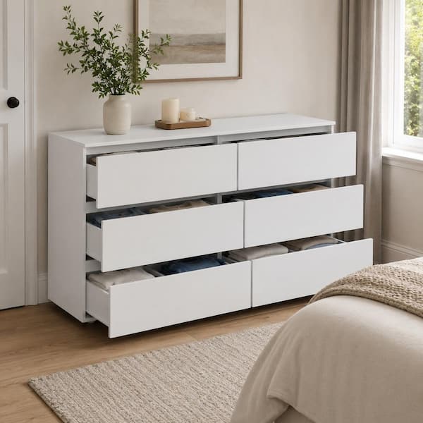 FUFU&GAGA 6-Drawers White Wood Chest of Drawer Accent Storage