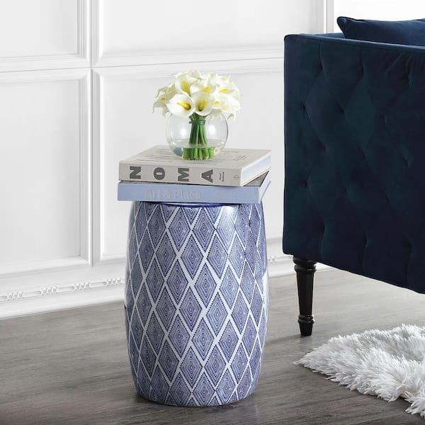 Moroccan Diamonds 18 in. Blue/White Ceramic Drum Garden Stool