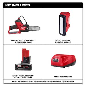 M12 FUEL 12V Lithium-Ion Brushless Battery 6 in. HATCHET Pruning Saw Kit, Pivoting Flood Light, 4.0 Ah Battery, Charger