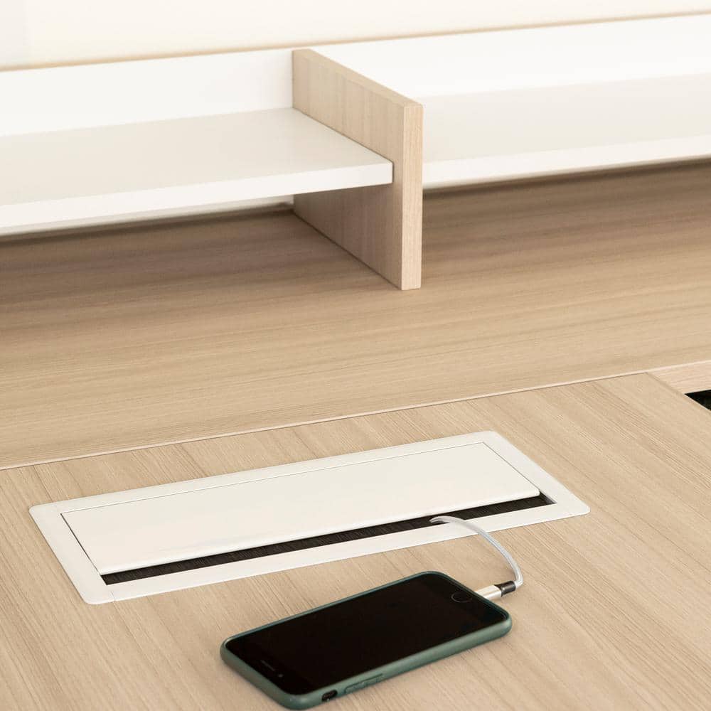 Soft Elm and White Executive Corner Desk with Hutch and Power Outlets