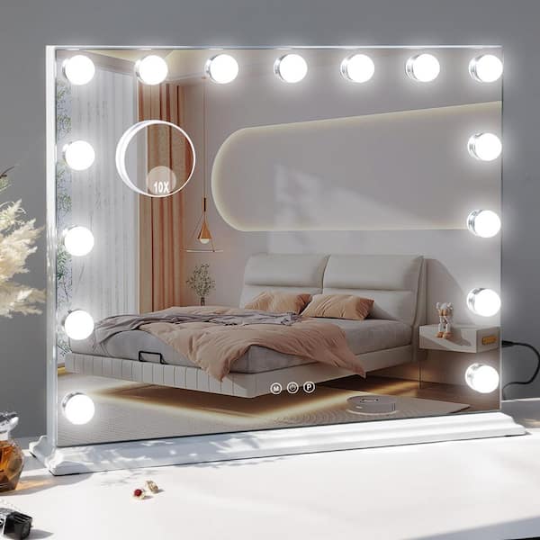 22.8 in. W x 18.9 in. H Tabletop Rectangular Framed Adjustable Brightness LED Bulb Hollywood Makeup Mirror White