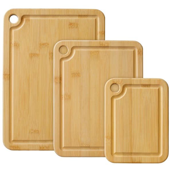 Unbranded 3-Piece Natural Wood Bamboo Tool Cutting Board Set w/ Juice Grooves, Large, Medium & Small Assorted Sizes for Kitchen
