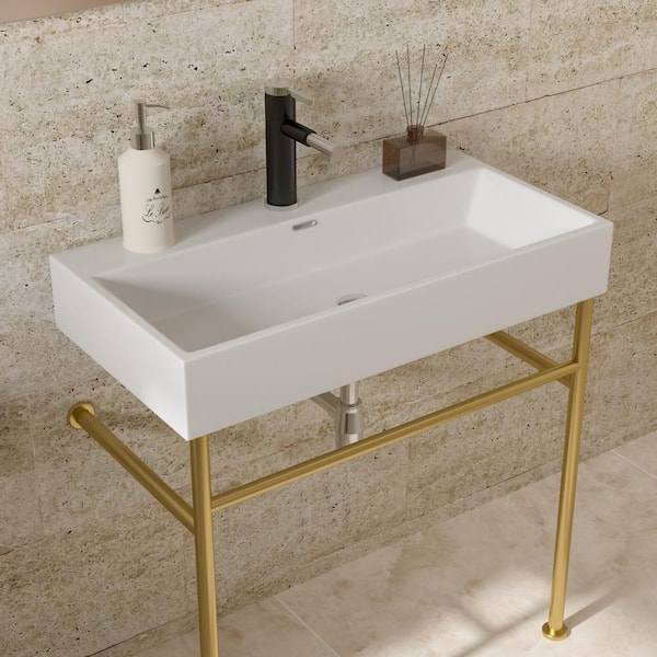 Unbranded 30 in. Ceramic White Console Sink Basin and Gold Legs Combo with Overflow