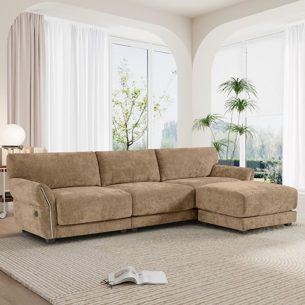 110 in. W Chenille Modular Sectional Sofa in. Khaki with Extra-Wide Seat Cushion, USB and Type-C Charger