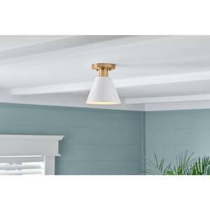 Finley 8 in. 1-Light White and Brass Semi-Flush Mount Ceiling Light Fixture with Metal Shade