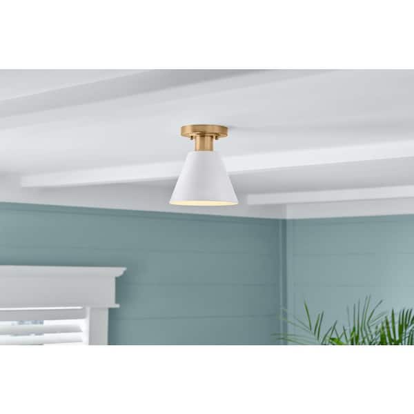 Finley 8 in. 1-Light White and Brass Semi-Flush Mount Ceiling Light Fixture with Metal Shade
