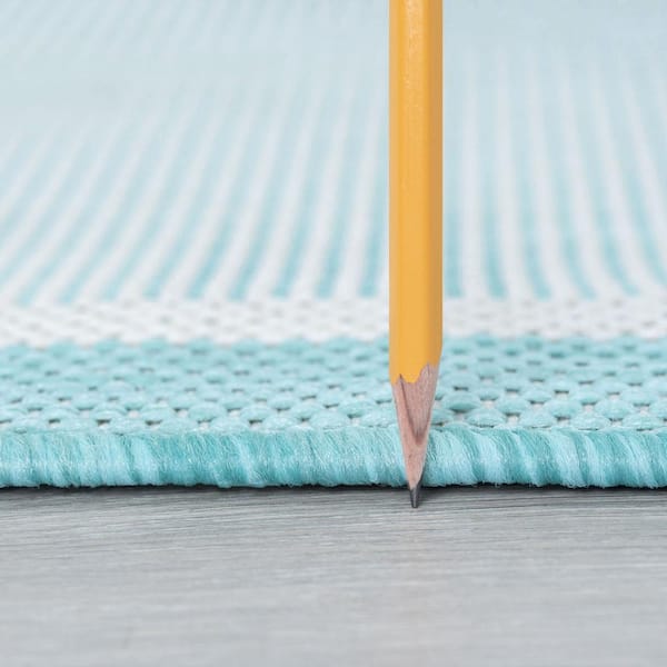 Eco Striped Border Aqua 3 ft. x 10 ft. Indoor/Outdoor Runner Rug