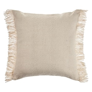 Vintage Ivory Woven Fringed Solid Soft Poly-fill 20 in. x 20 in. Throw Pillow