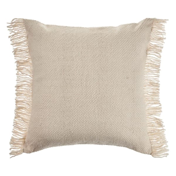 LR Home Vintage Ivory Woven Fringed Solid Soft Poly-fill 20 in. x 20 in. Throw Pillow