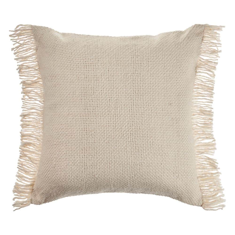Vintage Ivory Woven Fringed Solid Soft Poly-fill 20 in. x 20 in. Indoor Thr