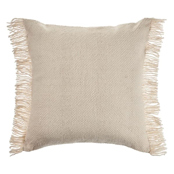 Unbranded Vintage Ivory Woven Fringed Solid Soft Poly-fill 20 in. x 20 in. Indoor Throw Pillow