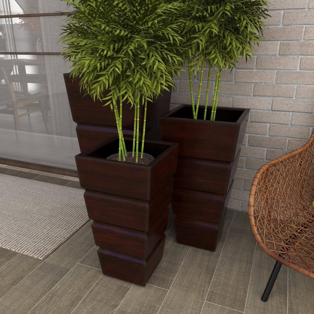 Set of 3 Brown Metal Rectangular Planters with Tapered Base
