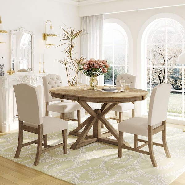 5-Piece Retro Natural Extendable Wood Wash Wood Top Dining Room Set Seats 4