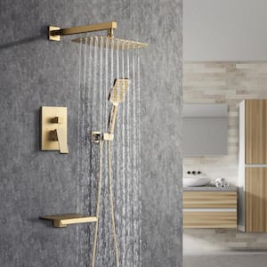 Waterfall Spout Single-Handle 3-Spray Square High Pressure Tub and Shower Faucet in Brsuhed Gold (Valve Included)