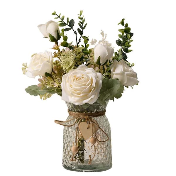 Unbranded Silk Roses 12.5 in. White Artificial Flower Arrangement with Vase for Home Office Decoration Dining Table Centerpiece