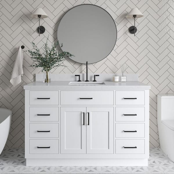 Hepburn 54 in. W x 22 in. D x 36 in. H Single Sink Freestanding Bath Vanity in White with Carrara Quartz Top