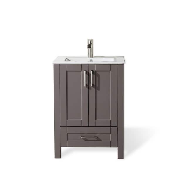 VC CUCINE 24 in. W x 18 in. D x 32 in. H Bathroom Vanity in Gray Khaki with White Ceramic Sink