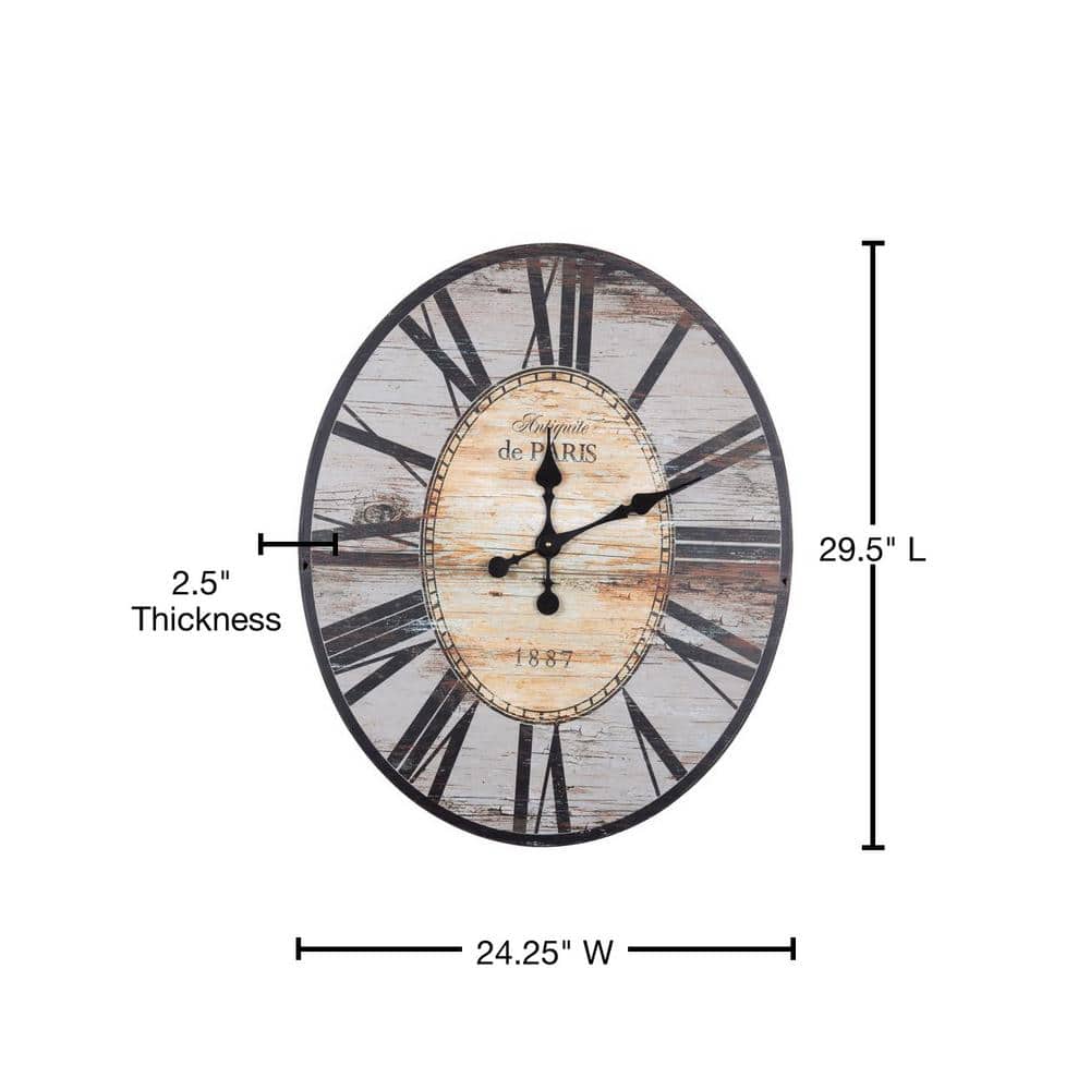 Distressed Grey Wood Oval Wall Clock with Black Roman Numerals