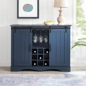47 in. Navy Blue Wood Buffet Bar Cabinet with Barn Door with Marbling Pattern Countertop