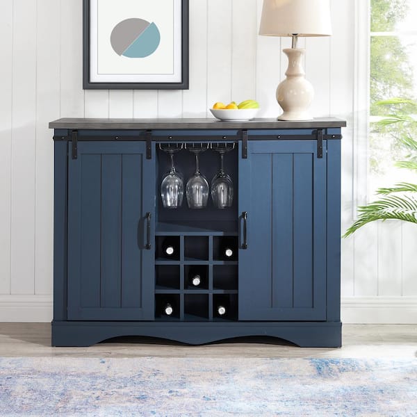 FESTIVO 47 in. Navy Blue Wood Buffet Bar Cabinet with Barn Door with Marbling Pattern Countertop