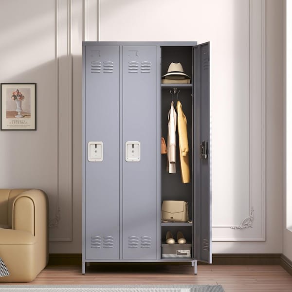 Gray 72 in. Metal Lockers for Employees Steel Storage Locker Cabinet with 9 Hooks 3 Doors for School Office Gym Bedroom