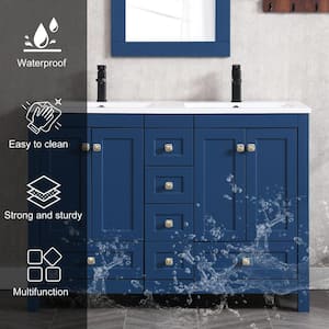 48 in. W. x 18 in. D x 34 in. H Sink Bath Vanity in Blue with White Resin Double Sink Top and Drain Faucet Set