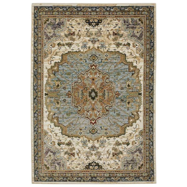 7 X 10 Ivory, Blue Oriental Washable Area Rug Runner Rug