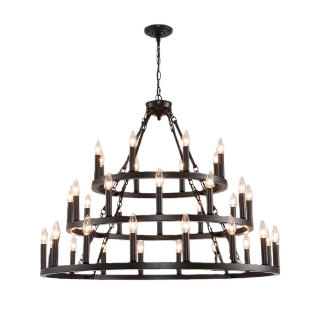 39.37 in. 3-Tier 36-Light Matte Black Wagon Wheel Chandelier, E12 Farmhouse Ceiling Light for Living, Bulb Not Included price history on PriceWatchPro