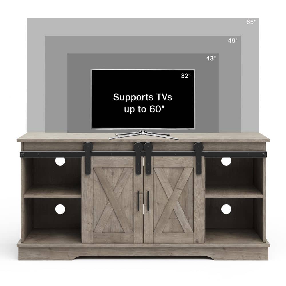Gray Woodgrain 65-inch TV Stand with Cabinets and Metal Hardware