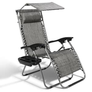 Zero Gravity Folding Reclining Gray Fabric Lawn Chair with Canopy and Cup Holder