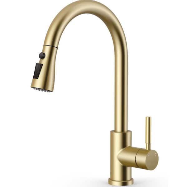 Kitchen Faucet with Pull Down Sprayer, Single Hole Mount Stainless Steel in Gold, Piece Pre-assembled