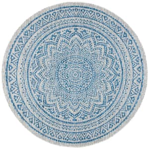 Courtyard Light Gray/Blue 9 ft. x 9 ft. Round Medallion Indoor/Outdoor Area Rug