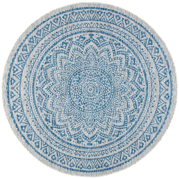 Courtyard Light Gray/Blue 9 ft. x 9 ft. Round Medallion Indoor/Outdoor Area Rug