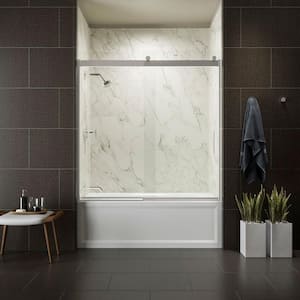 Levity 59 in. W x 62 in. H Semi-Frameless Sliding Tub Door in Silver with Blade Handles