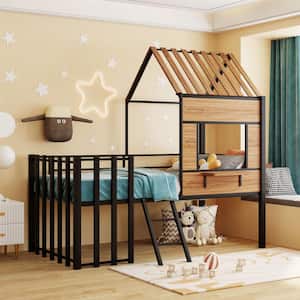 Black and Brown Twin Size Metal House Low Loft Bed with Roof, Window, Guardrail, Sloping Mini Ladder