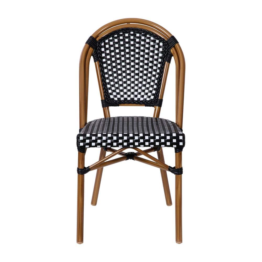 Black and White PE Rattan Armless Bistro Chairs with Bamboo Print Frame, Set of 2