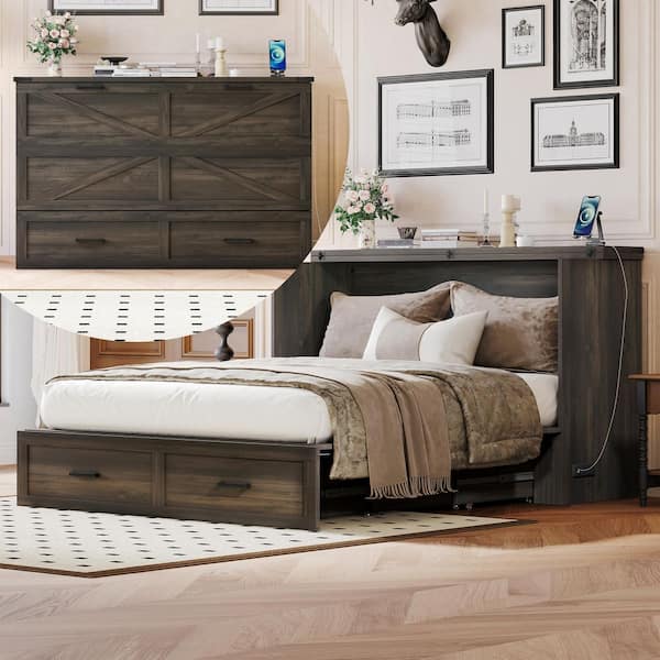Rustic Gray Wood Frame Queen Murphy Bed with Charging Station and Drawer