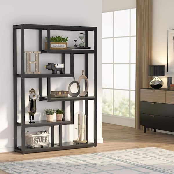 Benjamin 69.3 in. Black Wood 6-Shelf Etagere Bookcase with Open Storage