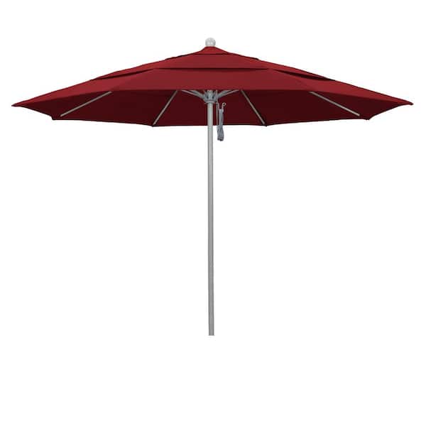 California Umbrella 11 ft. Gray Woodgrain Aluminum Commercial Market Patio Umbrella Fiberglass Ribs and Pulley Lift in Red Olefin