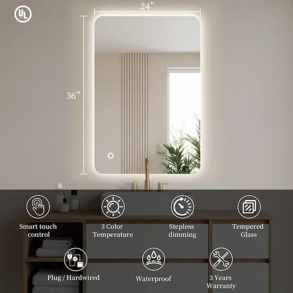 24 in. W x 36 in. H Rectangular Frameless LED Backlit Light with 3-Color Bathroom Vanity Wall Mirror