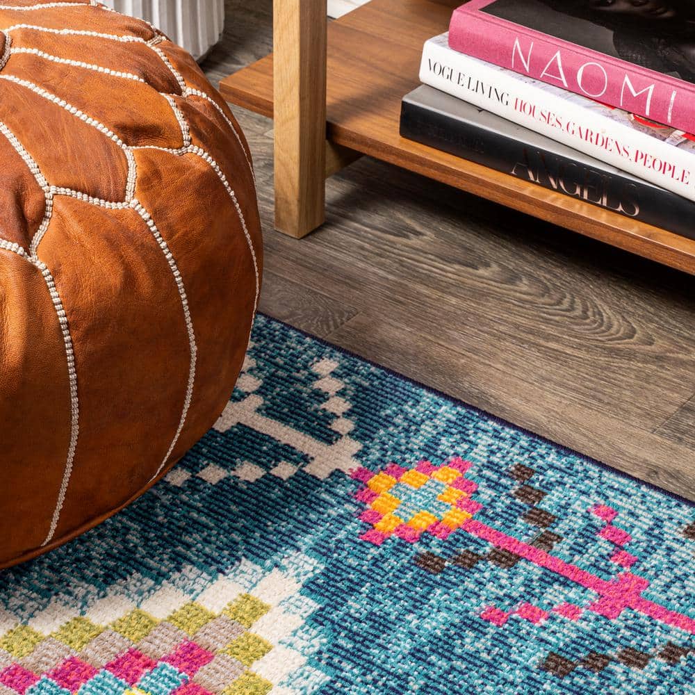 Dark Blue Multi Geometric Synthetic Runner Rug 2'-3" x 8'