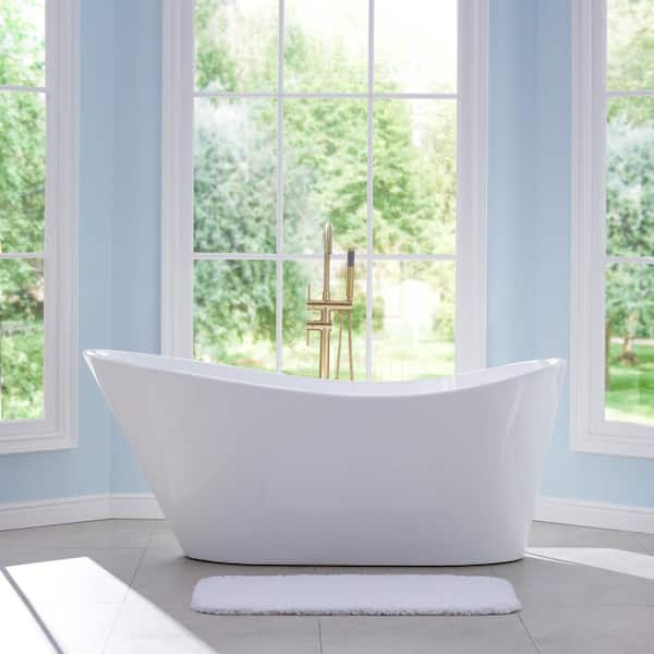 WELLFOR 67 in. Pure Virgin Acrylic Single Slipper Flatbottom Freestanding Soaking Bathtub in White with Drain and Overflow