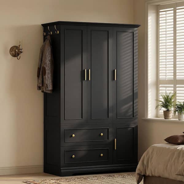 LACOO 37.1 in. W x 21 in. D x 70.9 in. H Black 3-Door Bedroom Armoire  Wardrobe with Drawers V-WAR-1293-0 - The Home Depot