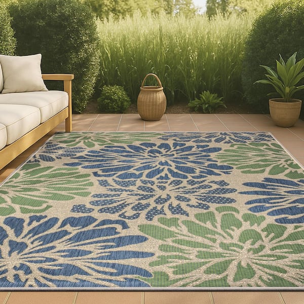 Zinnia Navy/Green 8 ft. x 10 ft. Floral Indoor/Outdoor Area Rug