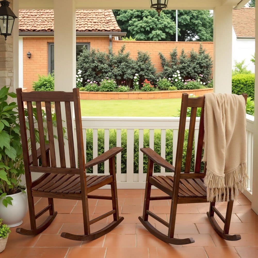 Tozey 2-Pieces Brown Acacia Wood Outdoor Rocking Chair Outdoor Porch ...