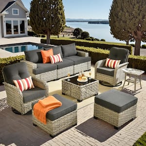 Kelleys 9-Piece Wicker Modern Outdoor Patio Conversation Sofa Set with Swivel Chairs and Black Cushions