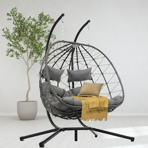 2 Person 510 lbs. Gray Large Wicker Double Swing Egg Chair with Stand and Dark Gray Cushions