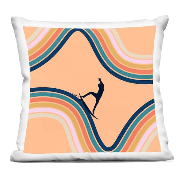 Retro Surfer Riding Wave Orange Striped Zipper Polyester 18 in. X 18 in. Throw Pillow