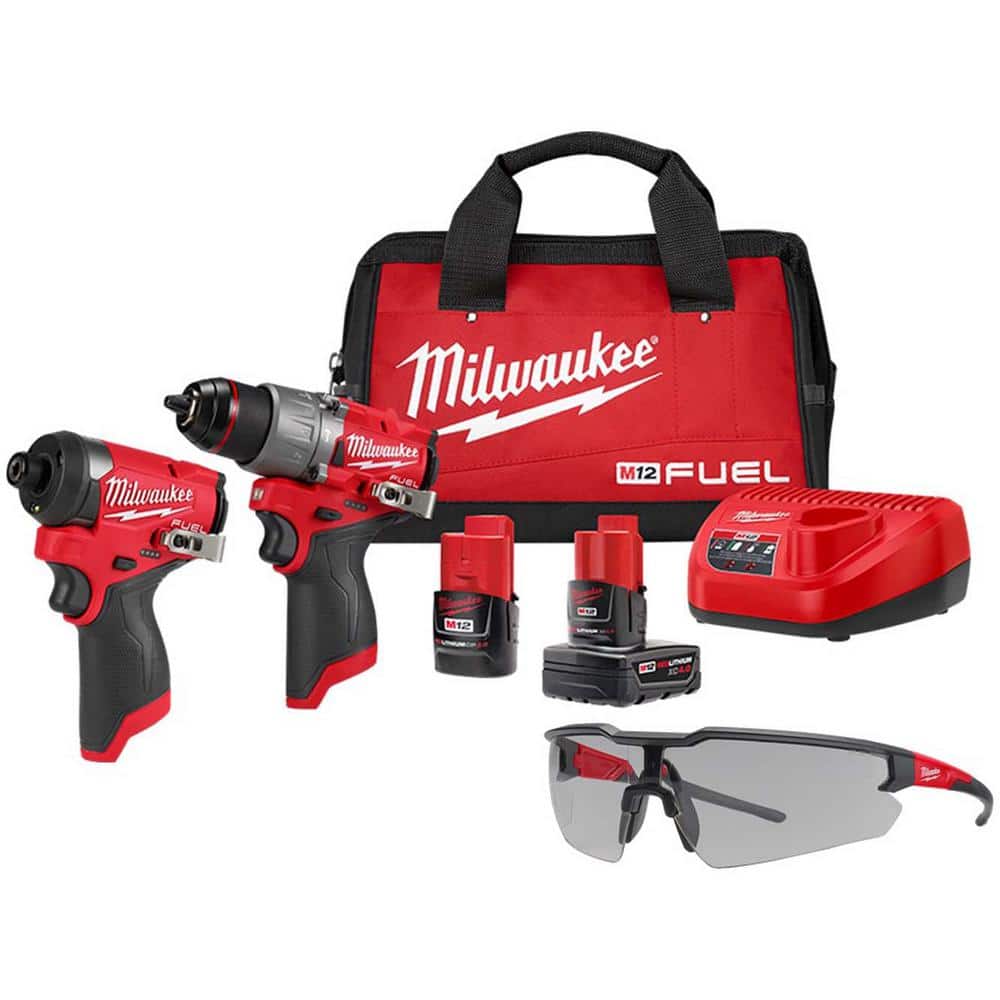 Milwaukee M12 12-Volt Cordless FUEL Brushless Hammer Drill & Impact Driver Combo Kit w/2 Batteries & Bag & Gray Safety Glasses