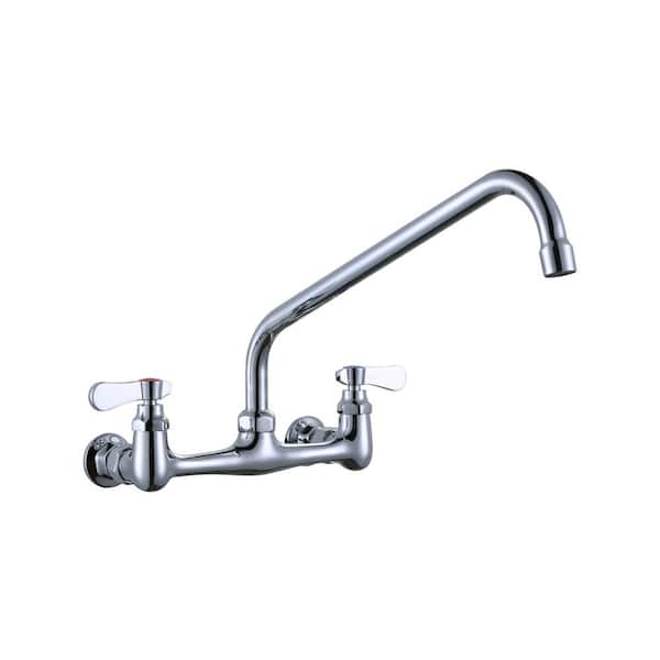WOWOW Commercial Faucet with 14 in. Swivel Spout, Double Handle Wall Mounted Standard Kitchen Faucet in Polished Chrome